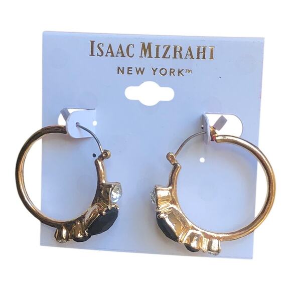 Isaac Mizrahi NWT Gold Tone Clear Rhinestones Black Stones Hoop Earrings - Picture 4 of 10